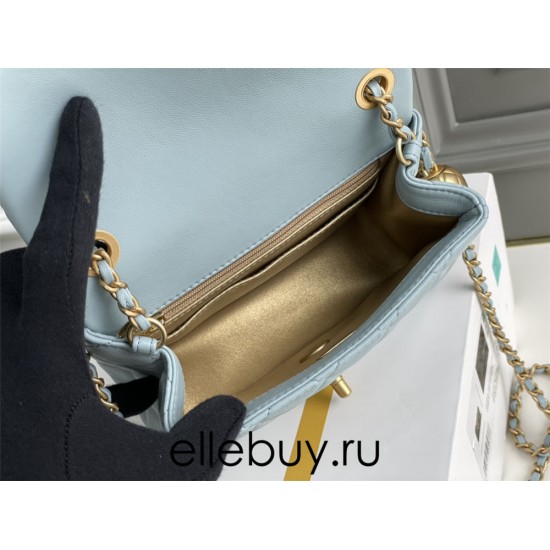 Chanel 22C Classic Flap bag Mini 18 Gold Ball Light Blue Gold Hardware Lambskin Hass Factory leather 13x18x7cm