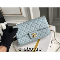 Chanel 22C Classic Flap bag Mini 20 Gold Ball Light Blue Gold Hardware Lambskin Hass Factory leather 13x20x7cm