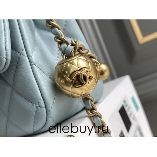 Chanel 22C Classic Flap bag Mini 20 Gold Ball Light Blue Gold Hardware Lambskin Hass Factory leather 13x20x7cm