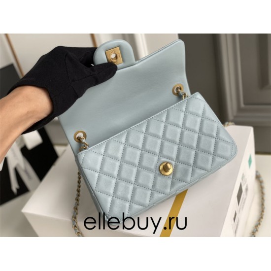 Chanel 22C Classic Flap bag Mini 20 Gold Ball Light Blue Gold Hardware Lambskin Hass Factory leather 13x20x7cm