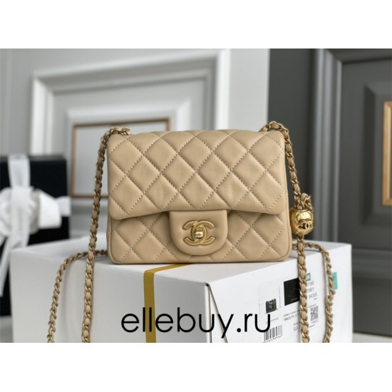 Chanel 22C Classic Flap bag Mini 18 Gold Ball Apricot Gold Hardware Lambskin Hass Factory leather 13x18x7cm