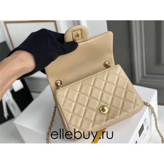 Chanel 22C Classic Flap bag Mini 18 Gold Ball Apricot Gold Hardware Lambskin Hass Factory leather 13x18x7cm