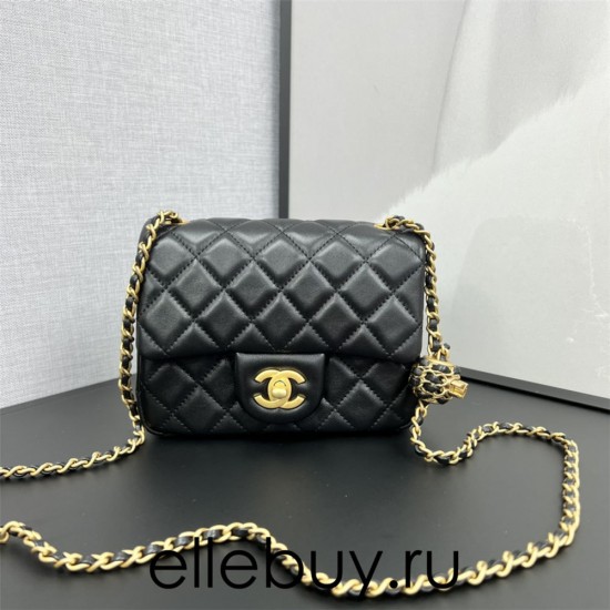 Chanel 22C Classic Flap bag Mini 18 Woven Gold Ball Black Gold Hardware Lambskin Hass Factory leather 13x18x7cm