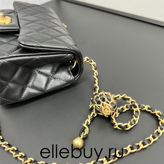 Chanel 22C Classic Flap bag Mini 18 Woven Gold Ball Black Gold Hardware Lambskin Hass Factory leather 13x18x7cm