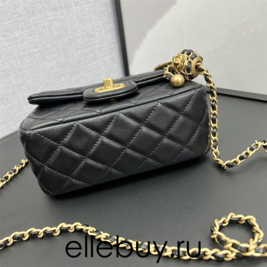 Chanel 22C Classic Flap bag Mini 18 Woven Gold Ball Black Gold Hardware Lambskin Hass Factory leather 13x18x7cm