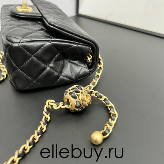 Chanel 22C Classic Flap bag Mini 20 Woven Gold Ball Black Gold Hardware Lambskin Hass Factory leather 13x20x7cm