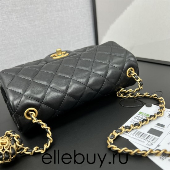 Chanel 22C Classic Flap bag Mini 20 Woven Gold Ball Black Gold Hardware Lambskin Hass Factory leather 13x20x7cm