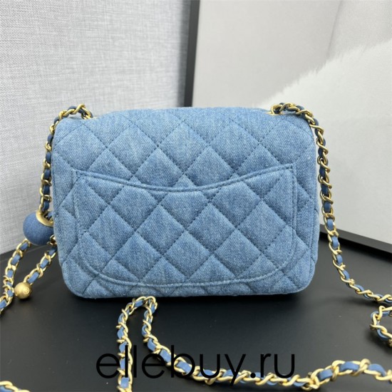 Chanel 22C Classic Flap bag Mini 18 Denim Blue Gold Ball Denim Blue Gold Hardware Lambskin Hass Factory leather 13x18x7cm