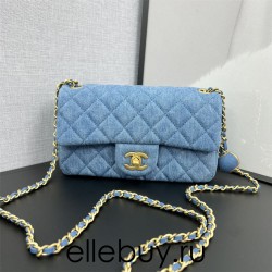 Chanel 22C Classic Flap bag Mini 20 Denim Blue Gold Ball Denim Blue Gold Hardware Lambskin Hass Factory leather 13x20x7cm