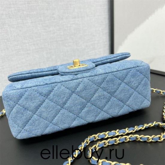 Chanel 22C Classic Flap bag Mini 20 Denim Blue Gold Ball Denim Blue Gold Hardware Lambskin Hass Factory leather 13x20x7cm