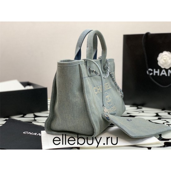 Chanel Beach Bag Light Blue Silver Hardware 38x32x18cm