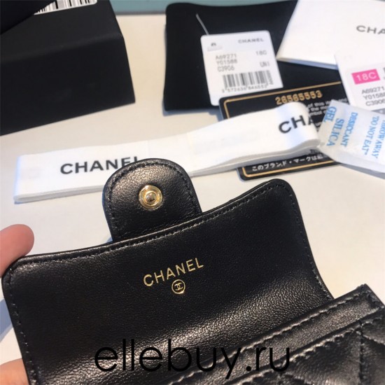 Chanel Classic Wallet Black Gold Hardware Lambskin Hass Factory leather 12x7cm