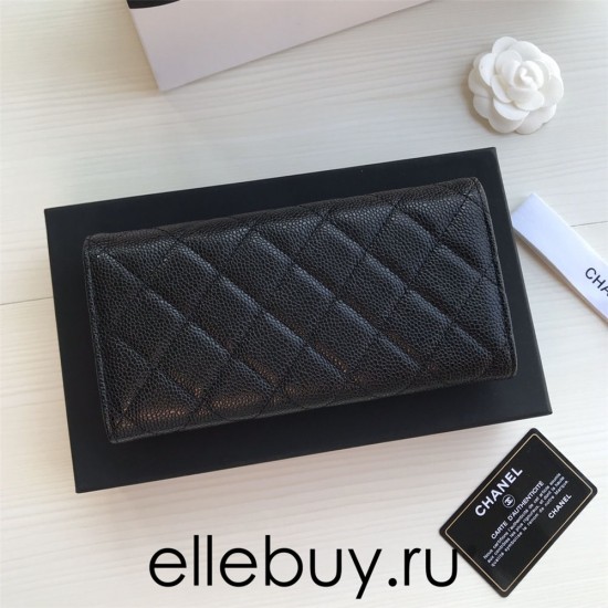 Chanel Classic Wallet Long Flat Cover 19cm Black Gold Hardware Caviar Leather Hass Factory leather 11x19x3cm