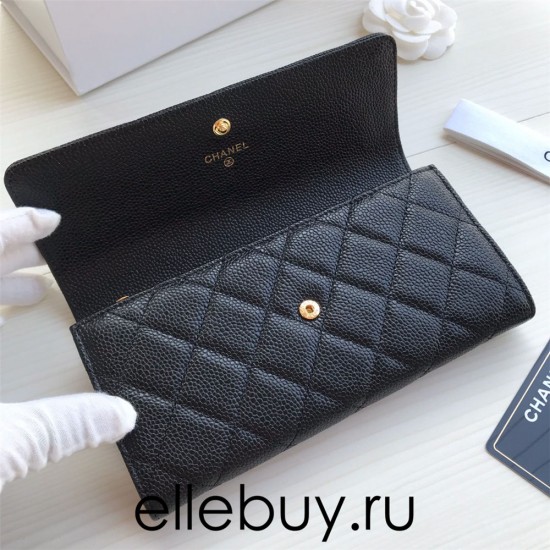 Chanel Classic Wallet Long Flat Cover 19cm Black Gold Hardware Caviar Leather Hass Factory leather 11x19x3cm