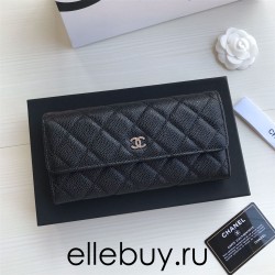 Chanel Classic Wallet Long Flat Cover 19cm Black Silver Hardware Caviar Leather Hass Factory leather 11x19x3cm