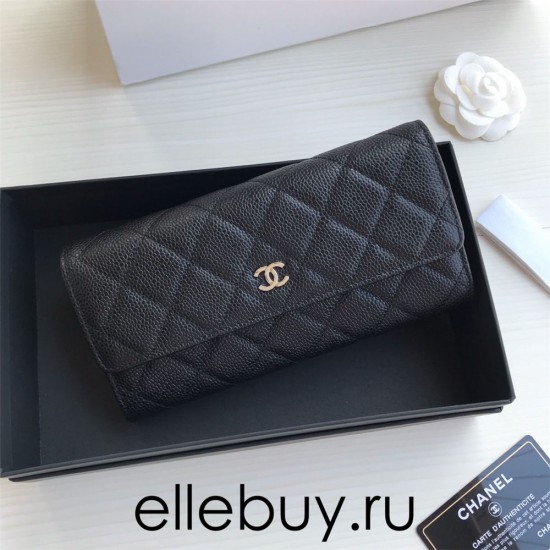 Chanel Classic Wallet Long Flat Cover 19cm Black Silver Hardware Caviar Leather Hass Factory leather 11x19x3cm