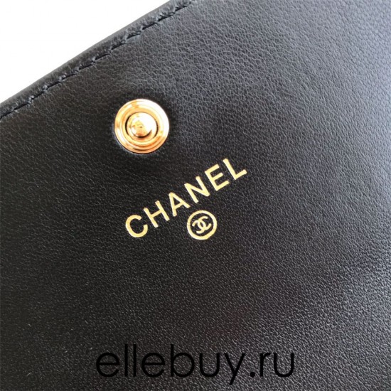 Chanel Classic Wallet Long Flat Cover 19cm Black Gold Hardware Lambskin Hass Factory leather 11x19x3cm