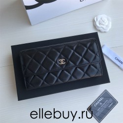 Chanel Classic Wallet Long Flat Cover 19cm Black Silver Hardware Lambskin Hass Factory leather 11x19x3cm