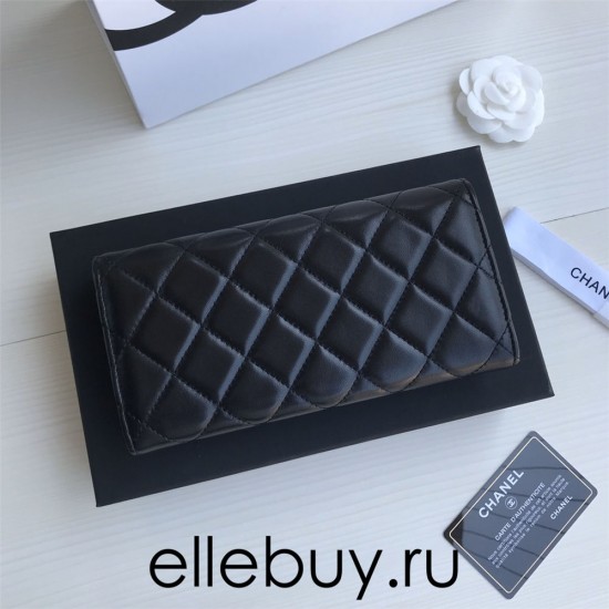 Chanel Classic Wallet Long Flat Cover 19cm Black Silver Hardware Lambskin Hass Factory leather 11x19x3cm