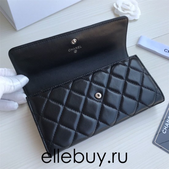 Chanel Classic Wallet Long Flat Cover 19cm Black Silver Hardware Lambskin Hass Factory leather 11x19x3cm