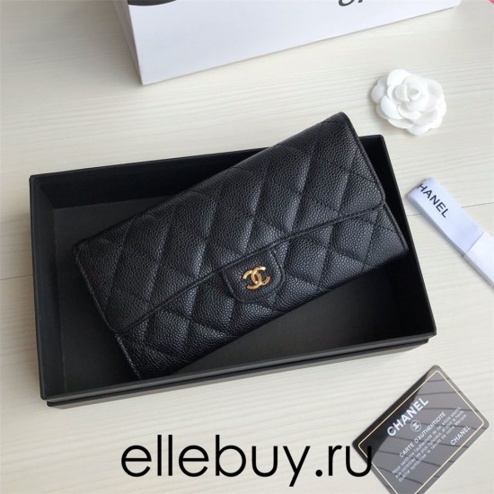 Chanel Classic Wallet Long Curved Cover 19cm Black Gold Hardware Caviar Leather Hass Factory leather 11x19x3cm