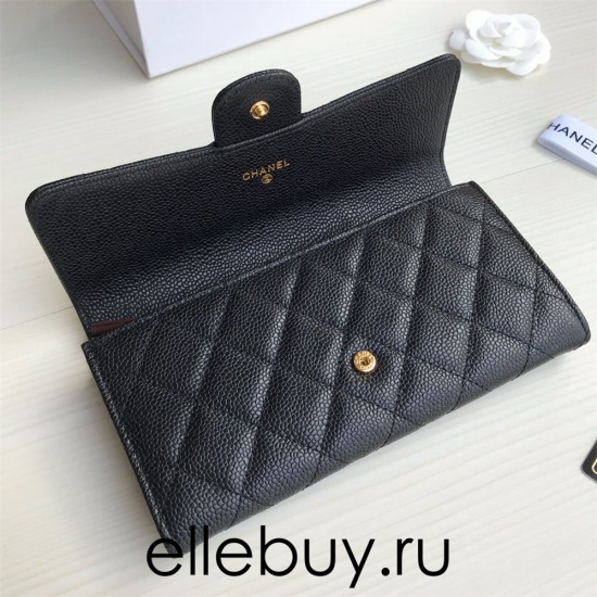 Chanel Classic Wallet Long Curved Cover 19cm Black Gold Hardware Caviar Leather Hass Factory leather 11x19x3cm