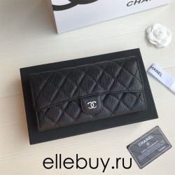 Chanel Classic Wallet Long Curved Cover 19cm Black Silver Hardware Caviar Leather Hass Factory leather 11x19x3cm