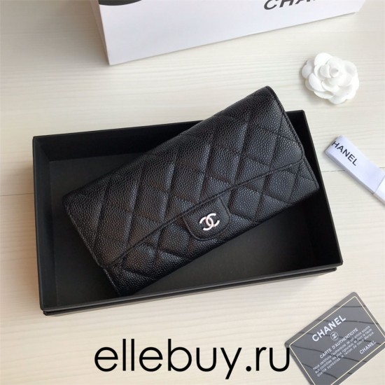 Chanel Classic Wallet Long Curved Cover 19cm Black Silver Hardware Caviar Leather Hass Factory leather 11x19x3cm