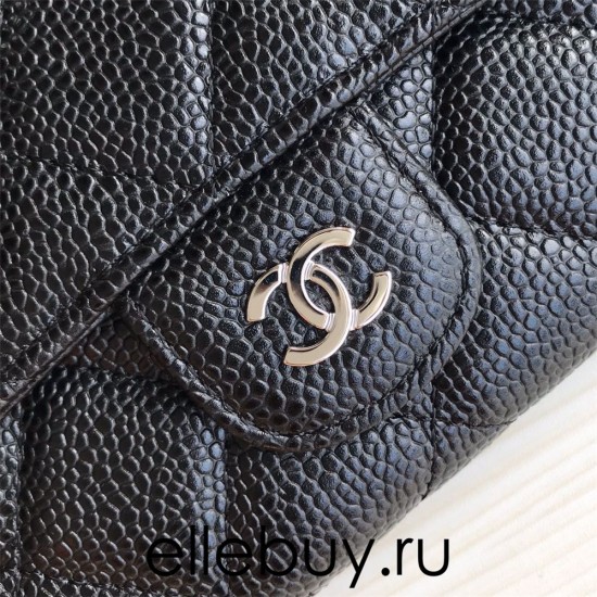 Chanel Classic Wallet Long Curved Cover 19cm Black Silver Hardware Caviar Leather Hass Factory leather 11x19x3cm