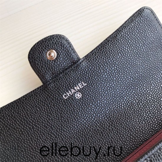 Chanel Classic Wallet Long Curved Cover 19cm Black Silver Hardware Caviar Leather Hass Factory leather 11x19x3cm