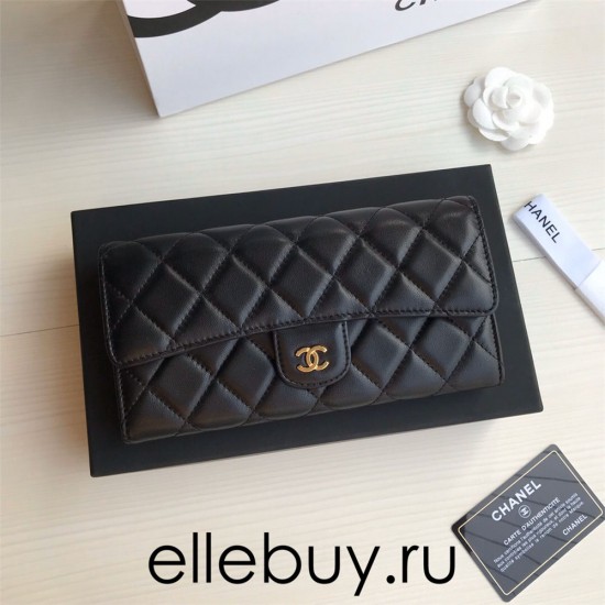 Chanel Classic Wallet Long Curved Cover 19cm Black Gold Hardware Lambskin Hass Factory leather 11x19x3cm