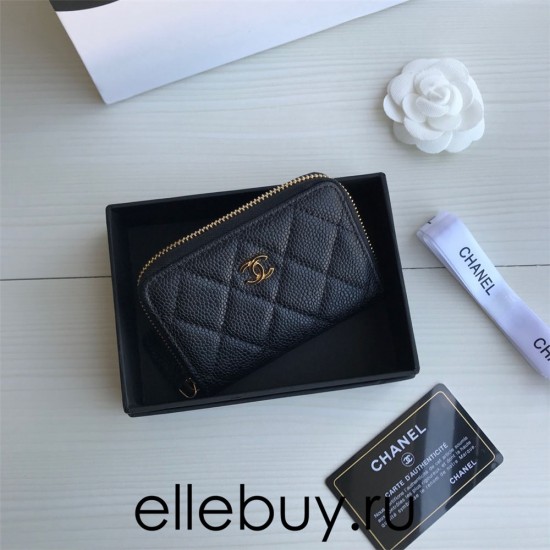 Chanel Classic Wallet Zipper 19cm Black Gold Hardware Caviar Leather Hass Factory leather 11x8x2cm