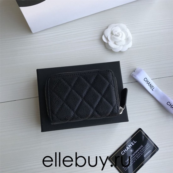 Chanel Classic Wallet Zipper 19cm Black Silver Hardware Caviar Leather Hass Factory leather 11x8x2cm