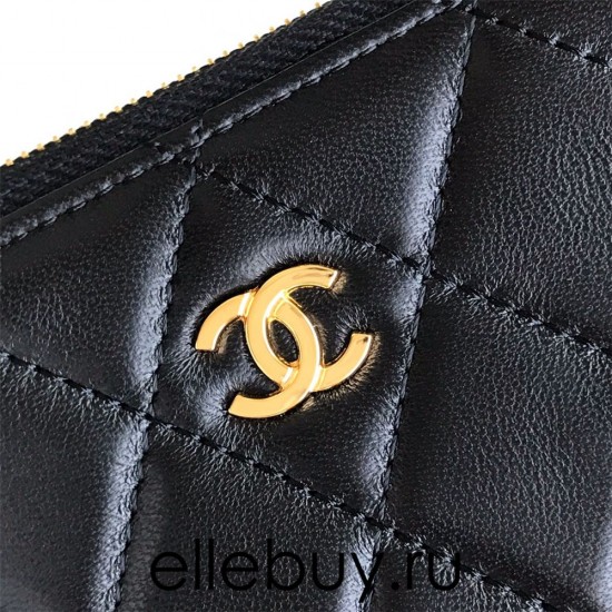 Chanel Classic Wallet Zipper 19cm Black Gold Hardware Lambskin Hass Factory leather 11x8x2cm