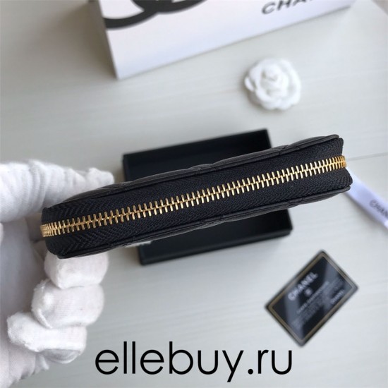 Chanel Classic Wallet Zipper 19cm Black Gold Hardware Lambskin Hass Factory leather 11x8x2cm