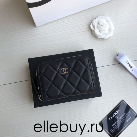 Chanel Classic Wallet Zipper 19cm Black Silver Hardware Lambskin Hass Factory leather 11x8x2cm