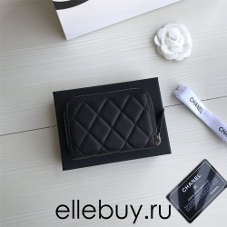 Chanel Classic Wallet Zipper 19cm Black Silver Hardware Lambskin Hass Factory leather 11x8x2cm