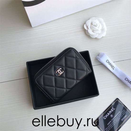 Chanel Classic Wallet Zipper 19cm Black Silver Hardware Lambskin Hass Factory leather 11x8x2cm