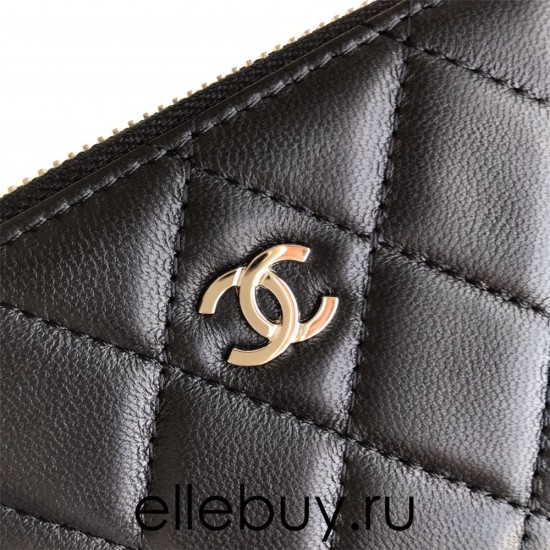 Chanel Classic Wallet Zipper 19cm Black Silver Hardware Lambskin Hass Factory leather 11x8x2cm