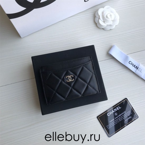 Chanel Classic Card Holder 11cm Black Silver Hardware Lambskin Hass Factory leather 11x7x1cm