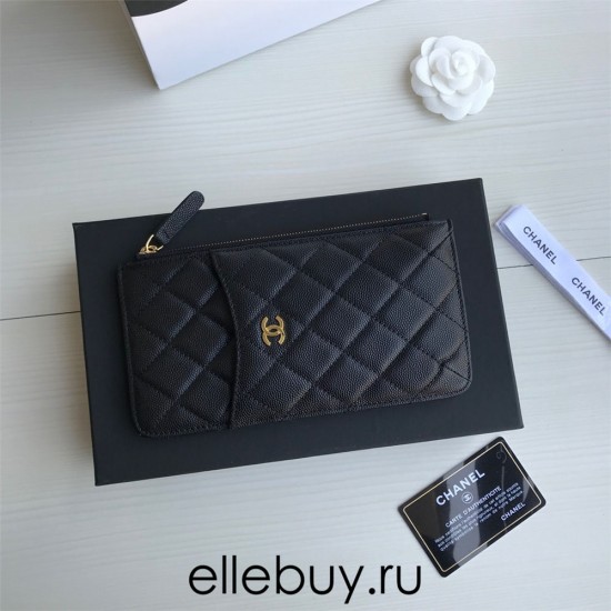 Chanel Classic Wallet Vertical Zipper 19cm Black Gold Hardware Caviar Leather Hass Factory leather 20x10x3cm