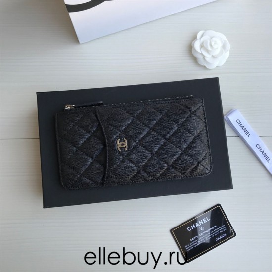 Chanel Classic Wallet Vertical Zipper 19cm Black Silver Hardware Caviar Leather Hass Factory leather 20x10x3cm