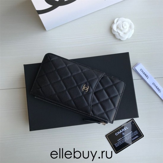 Chanel Classic Wallet Vertical Zipper 19cm Black Silver Hardware Caviar Leather Hass Factory leather 20x10x3cm