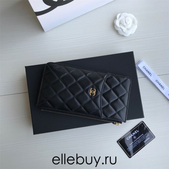 Chanel Classic Wallet Vertical Zipper 19cm Black Gold Hardware Lambskin Hass Factory leather 20x10x3cm