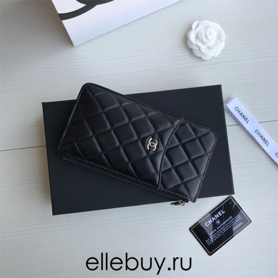 Chanel Classic Wallet Vertical Zipper 19cm Black Silver Hardware Lambskin Hass Factory leather 20x10x3cm