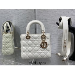 Lady Dior Bag, White Lambskin, Champagne Gold Hardware, Small   Four Blocks   20, Size: 20cm