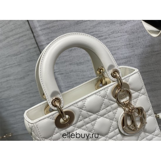 Lady Dior Bag, White Lambskin, Champagne Gold Hardware, Small   Four Blocks   20, Size: 20cm