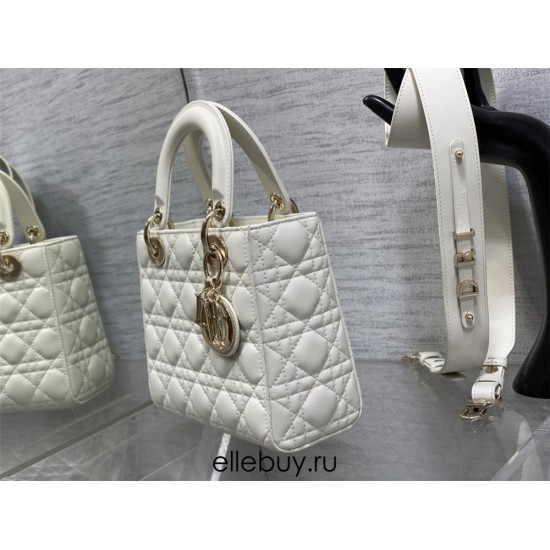 Lady Dior Bag, White Lambskin, Champagne Gold Hardware, Small   Four Blocks   20, Size: 20cm