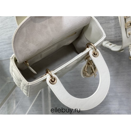 Lady Dior Bag, White Lambskin, Champagne Gold Hardware, Small   Four Blocks   20, Size: 20cm