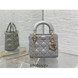 Lady Dior Mini Bag, 17, Grey Lambskin, Champagne Gold Hardware, Size: 17cm